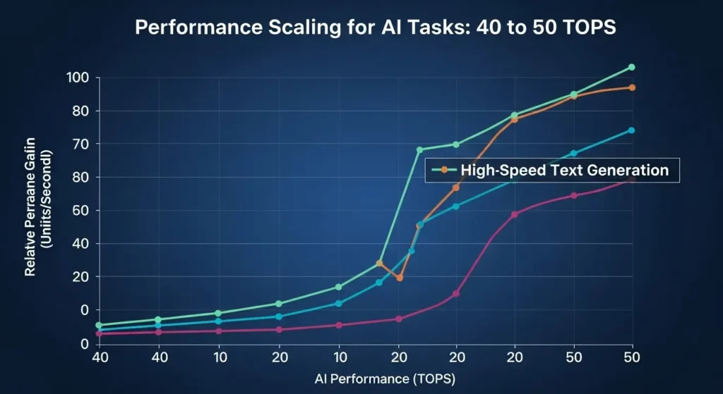40 TOPSと50 TOPSのNPU性能の違いを比較した解説図
