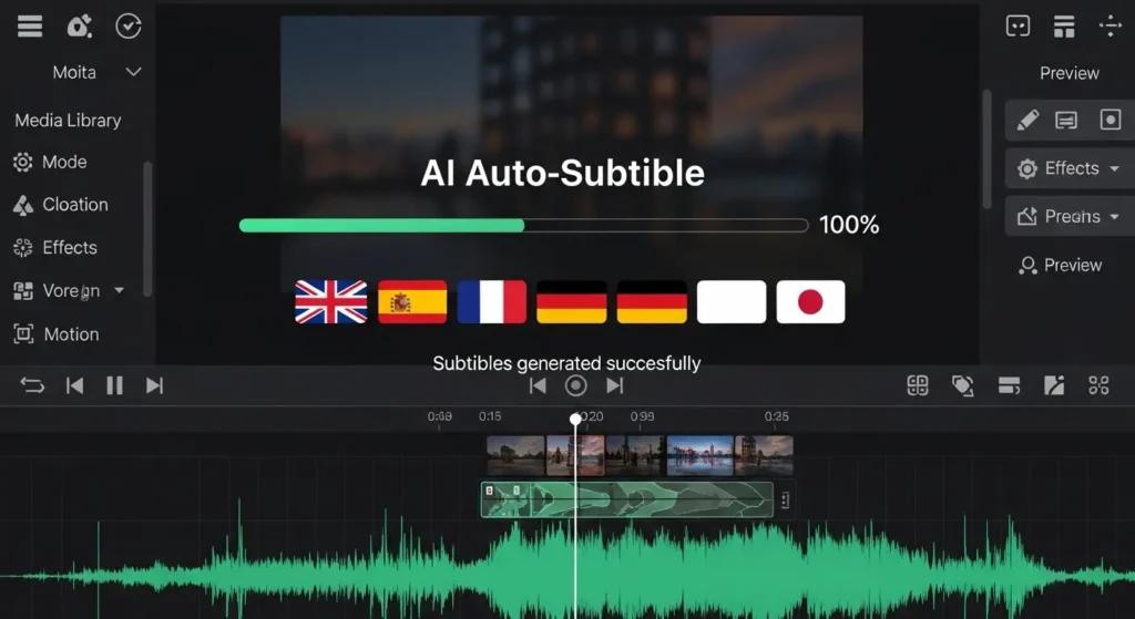 AIによる自動字幕生成とノイズ除去の操作画面