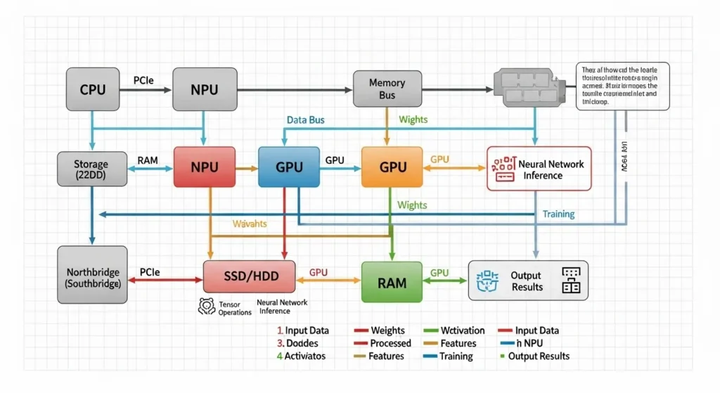 AI PC内部でのデータ処理とメモリの役割を示す図