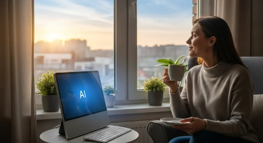 AI PCを相棒に、充実した生活を送る人の満足げな様子