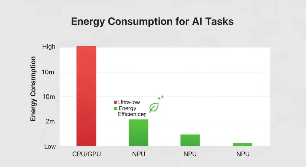 CPU/GPUと比較したNPUの低消費電力と省エネ性能のグラフ