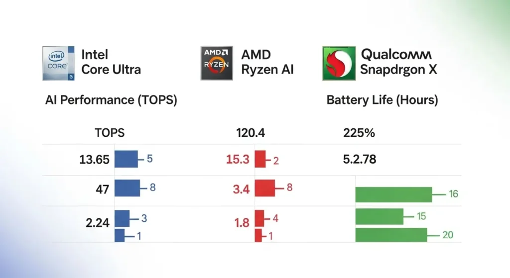 2026年の主要AIチップ（Intel, AMD, Qualcomm）の性能比較図