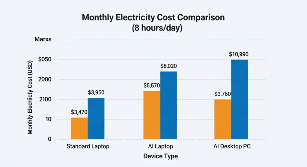 ノート型とデスクトップ型のAI PCにおける月間電気代比較グラフ