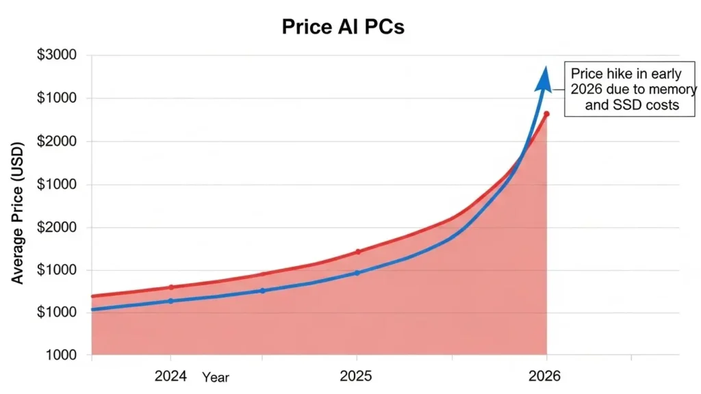 2024年から2026年にかけてのAI PC価格推移のグラフ