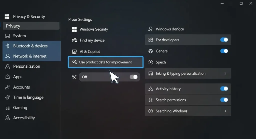 Windows 11でのAIデータ学習をオフにするセキュリティ設定画面