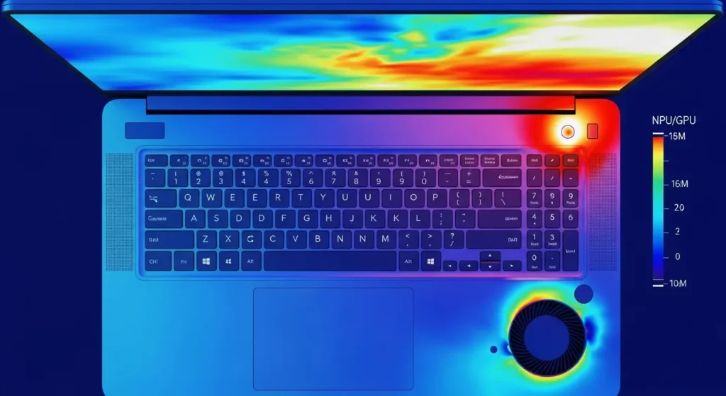 強力なAI処理実行中のパソコン内部の発熱分布マップ