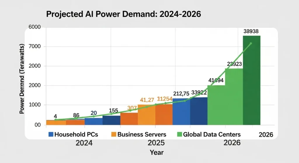 2024年から2026年にかけてのAI関連電力需要の増加グラフ