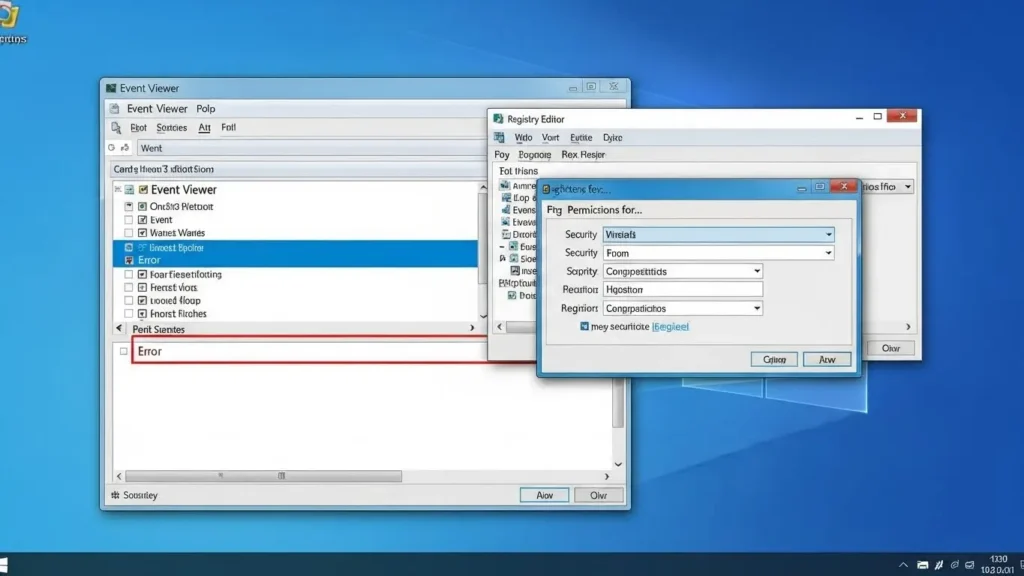 Windowsイベントビューアーでのエラーログ解析とレジストリ修正の様子
