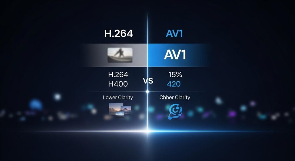 次世代コーデックAV1と従来のH.264の比較図