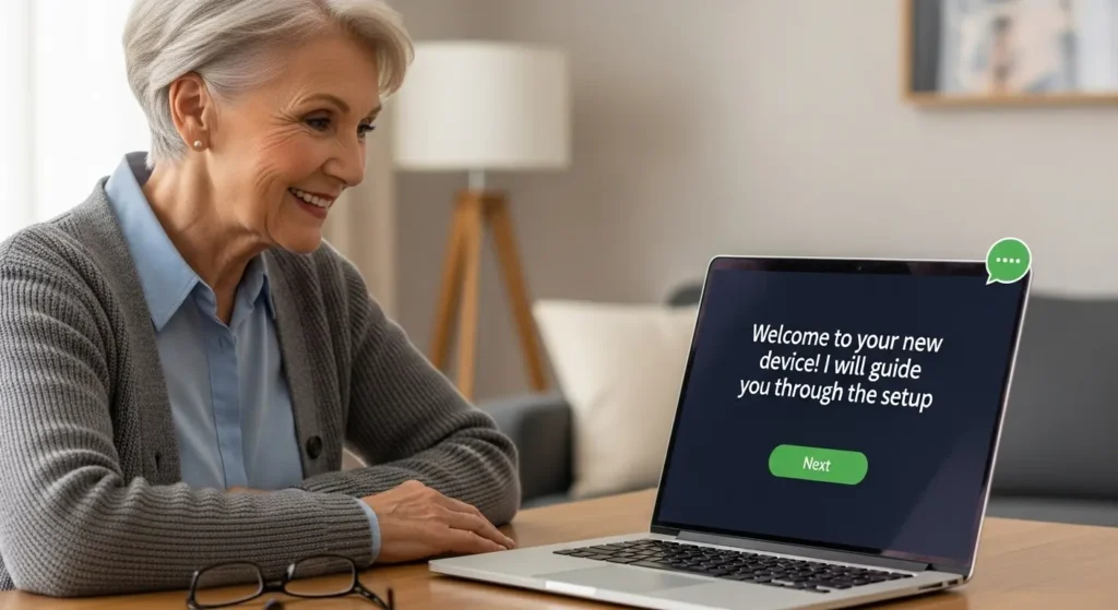 AIの音声ガイダンスに従って初期設定を行う初心者の様子