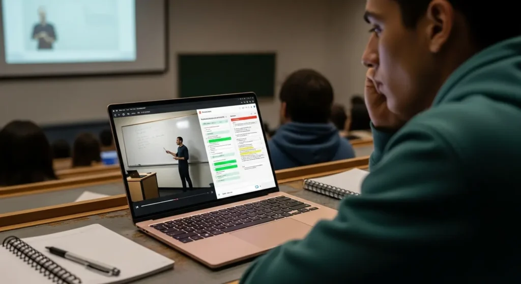 大学の講義でリアルタイムAI要約機能を活用する学生の様子