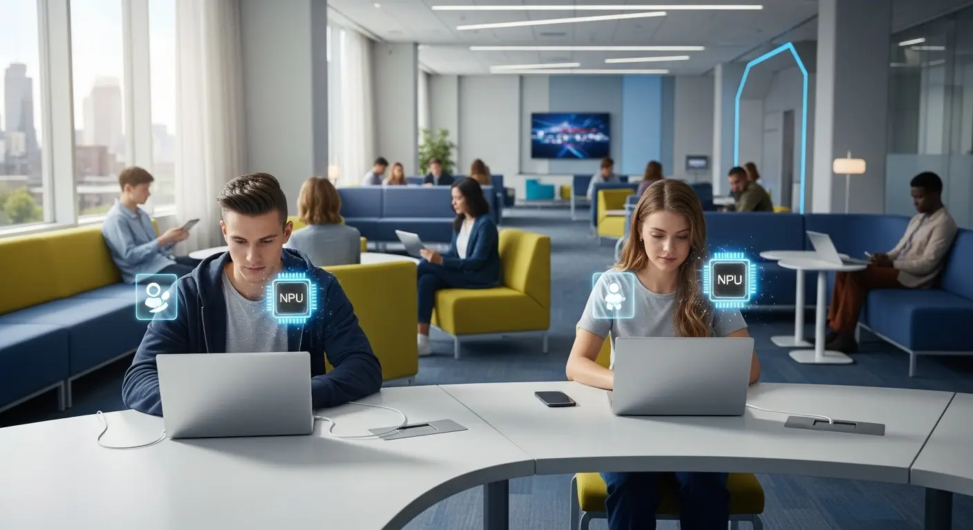 2026年の大学生活でAI機能を活用して学習する学生と最新のノートパソコン