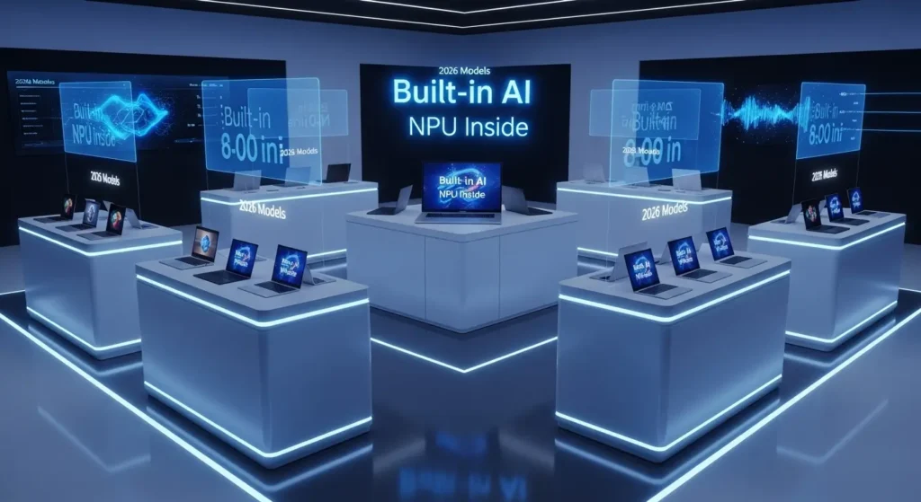 2026年の最新AI PCが並ぶショールームのイメージ