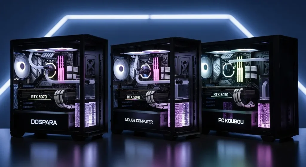 ドスパラ、マウス、パソコン工房のRTX 5070搭載モデル比較