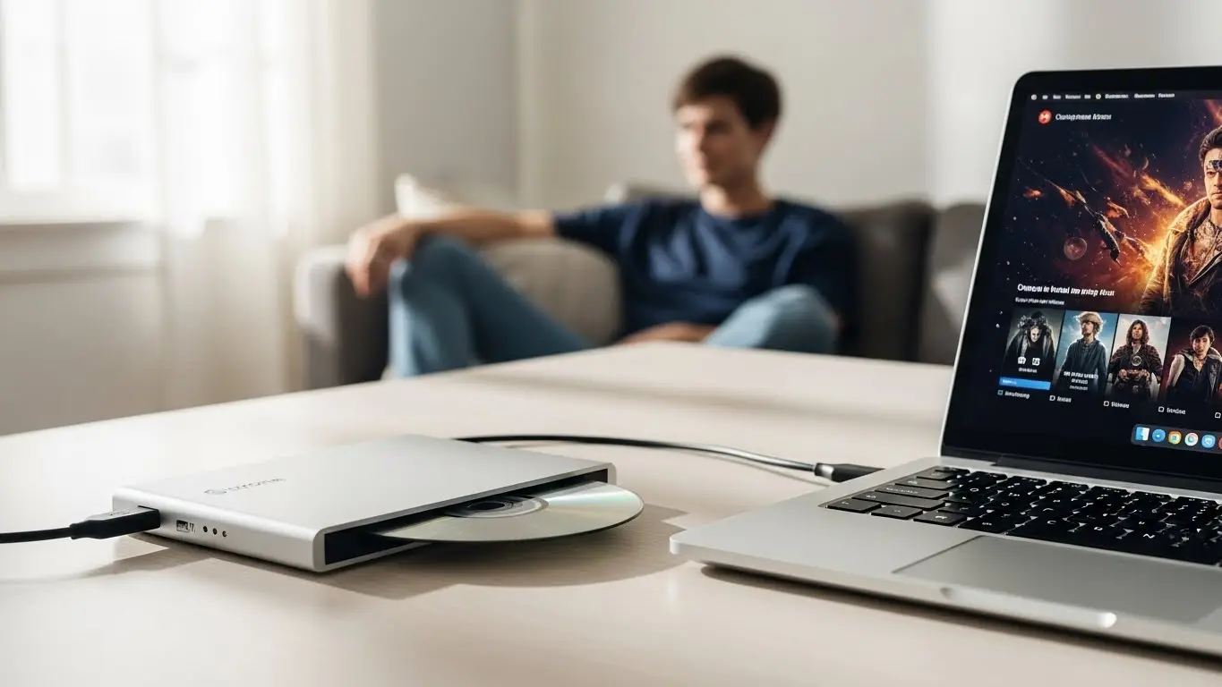 Chromebookに外付けDVDドライブを接続して映画を視聴している様子