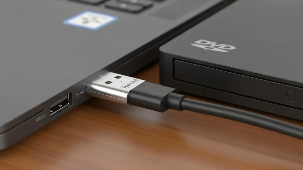 ChromebookのUSBポートに外付けDVDドライブを接続する様子