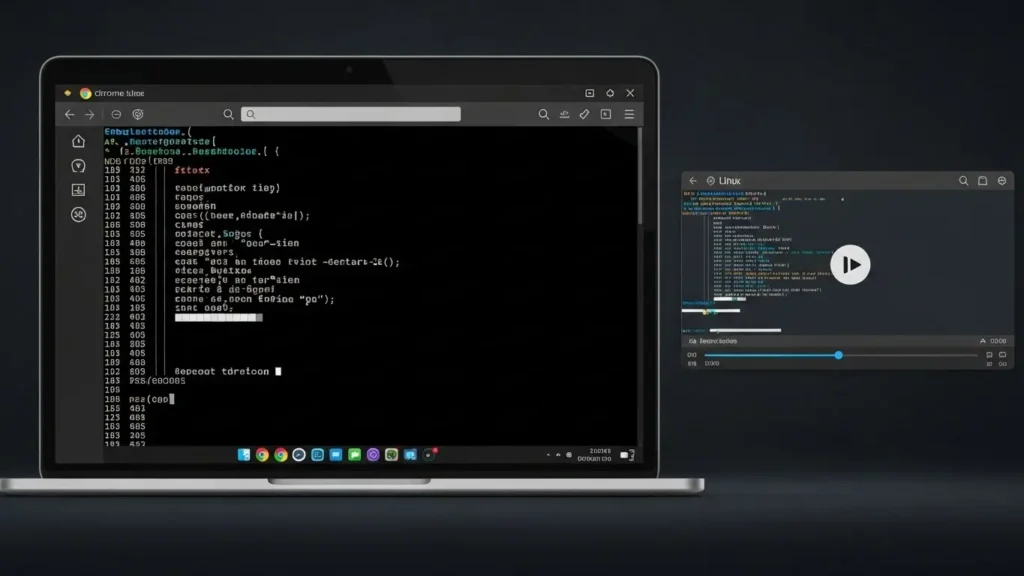 ChromebookのLinux環境でコマンド入力を行いDVD再生を試みる画面