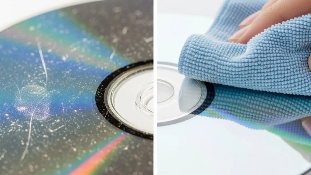 DVDの表面を優しく拭いて清掃する様子