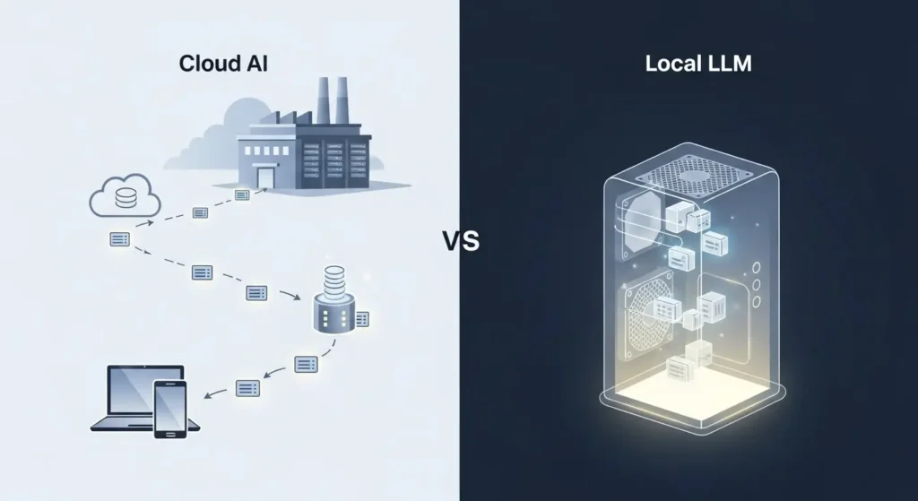 クラウドAIとローカルLLMのデータの流れの比較図