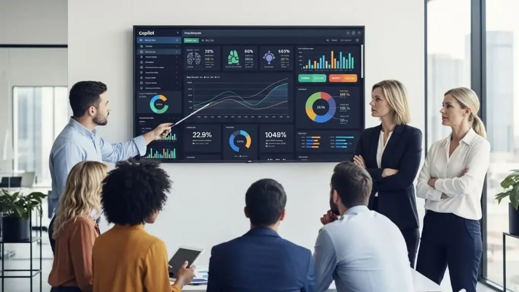 チームでCopilotが生成したデータ分析結果を確認している様子
