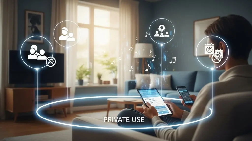 家庭内での私的使用と外部への公衆送信の境界線を示すイメージ図