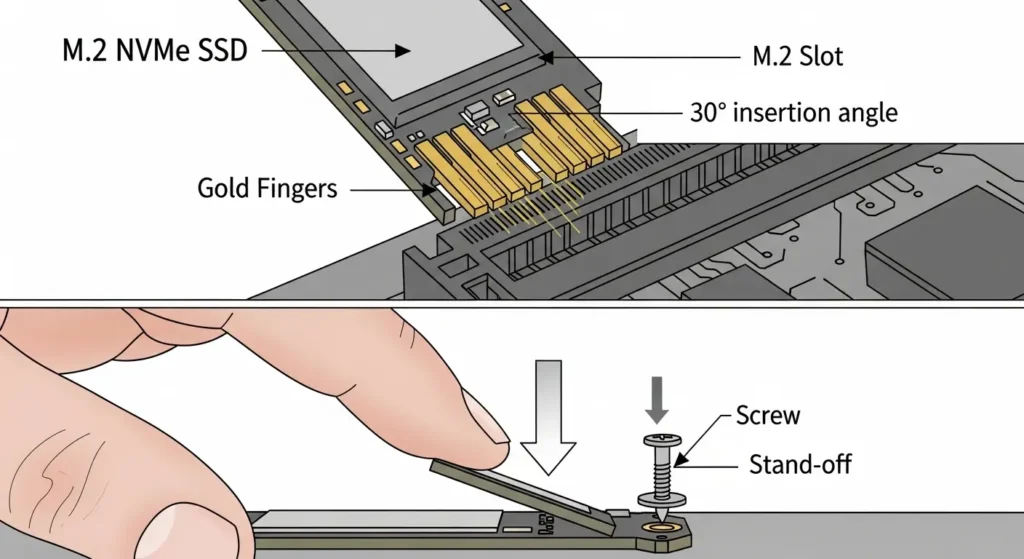 M.2 SSDをスロットへ挿入する際の正しい角度と手順