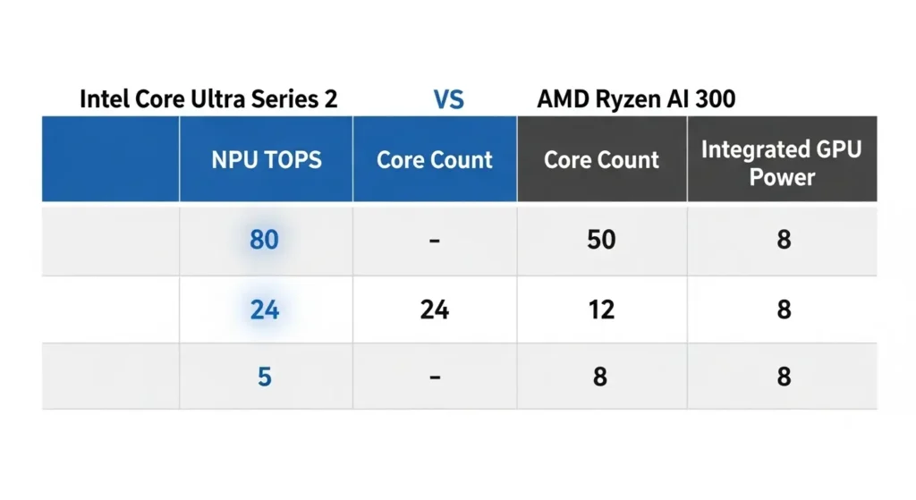 Core Ultra シリーズ2とRyzen AI 300の詳細スペック比較表