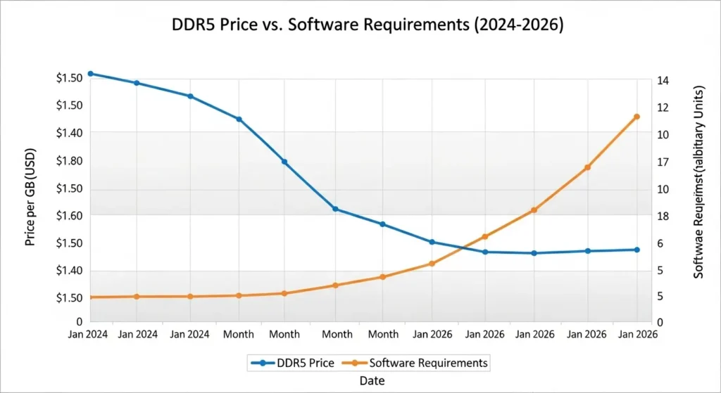 DDR5メモリの価格推移とAIソフトの要求スペックの相関図