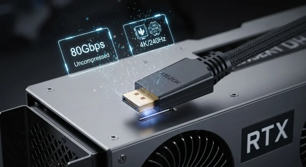 RTX 50シリーズと最新モニターを繋ぐDisplayPort 2.1の接続イメージ