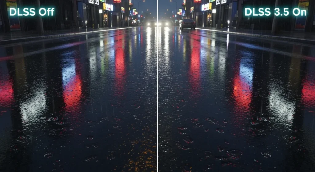 DLSS 3.5の有無による画質の違いを比較した画像