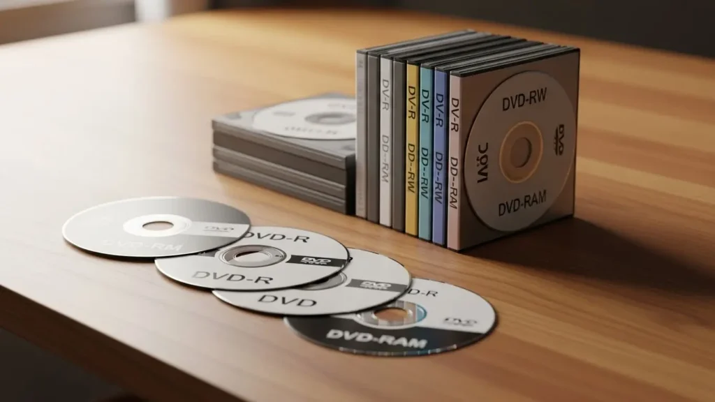 様々な種類のDVDディスクが並んでいる様子