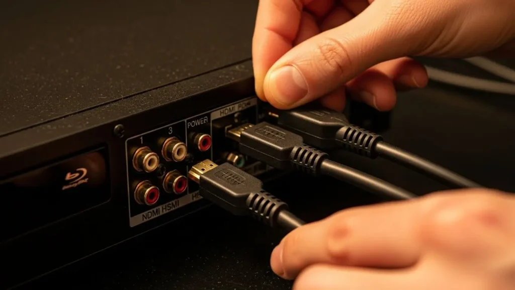 DVDプレーヤーのケーブル接続を確認する様子