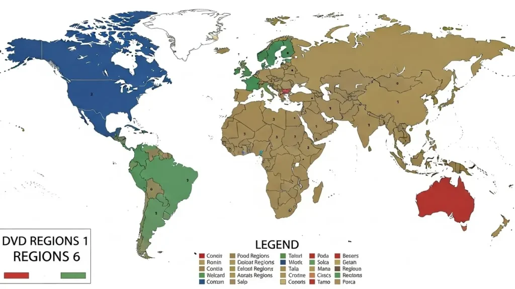 世界各国のDVDリージョンコードを示した色分け地図