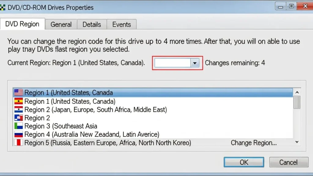 DVDリージョン設定タブに表示された残り回数制限の画面