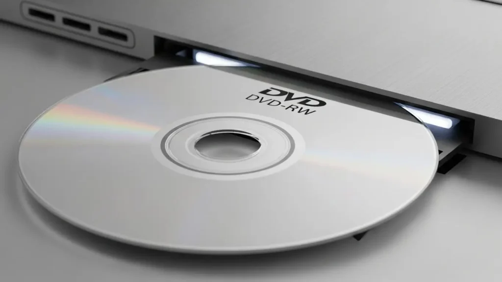 ノートパソコンにDVD-RWを挿入する様子