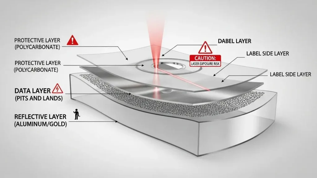 DVDの構造図とレーベル面の取り扱い注意