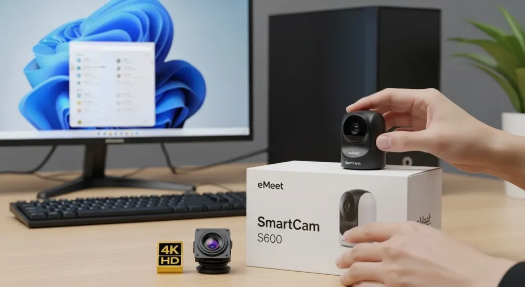 eMeet SmartCam S600の開封とデスクトップPCへの設置イメージ