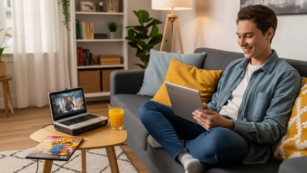 自宅のソファでChromebookを使ってDVDの映像を楽しんでいる人
