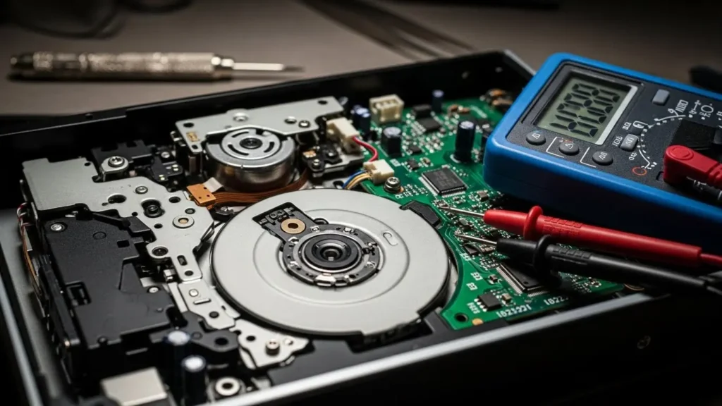 外付けDVDドライブの内部構造とピックアップレンズの拡大図