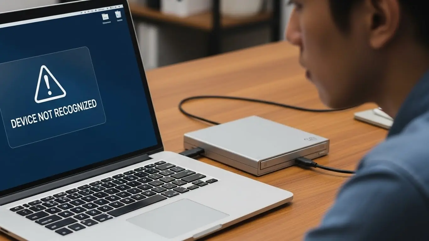 パソコンに接続された外付けDVDドライブが認識されないエラー画面