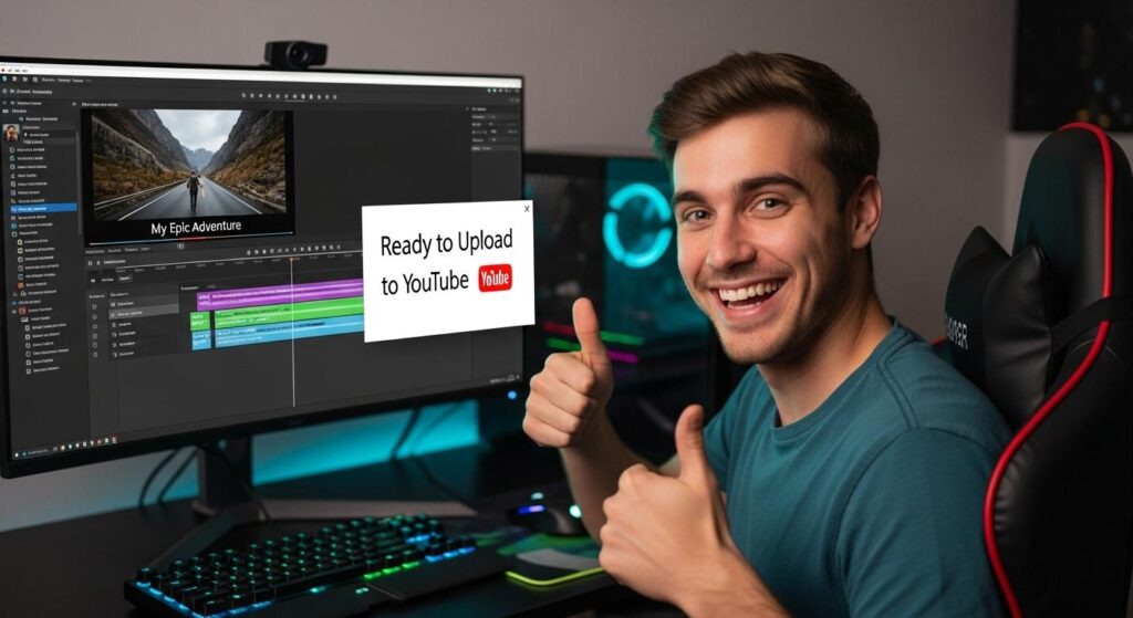 録画を終えて満足している動画クリエイター