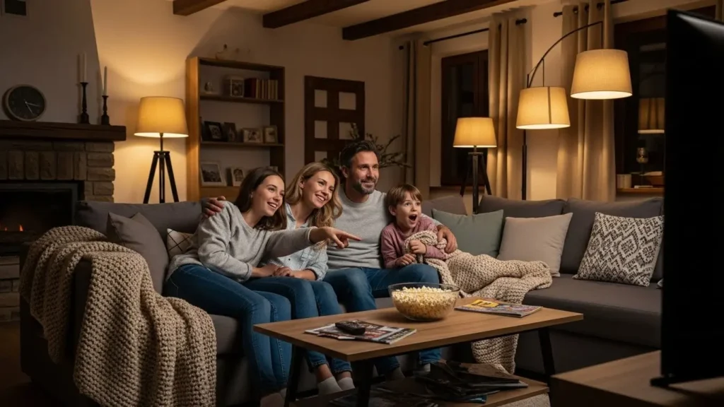 新しいプレーヤーで映画を楽しむ幸せな家族