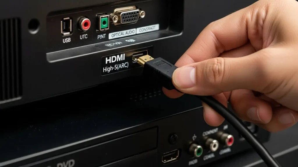 テレビ背面のHDMI端子にケーブルを差し込む様子