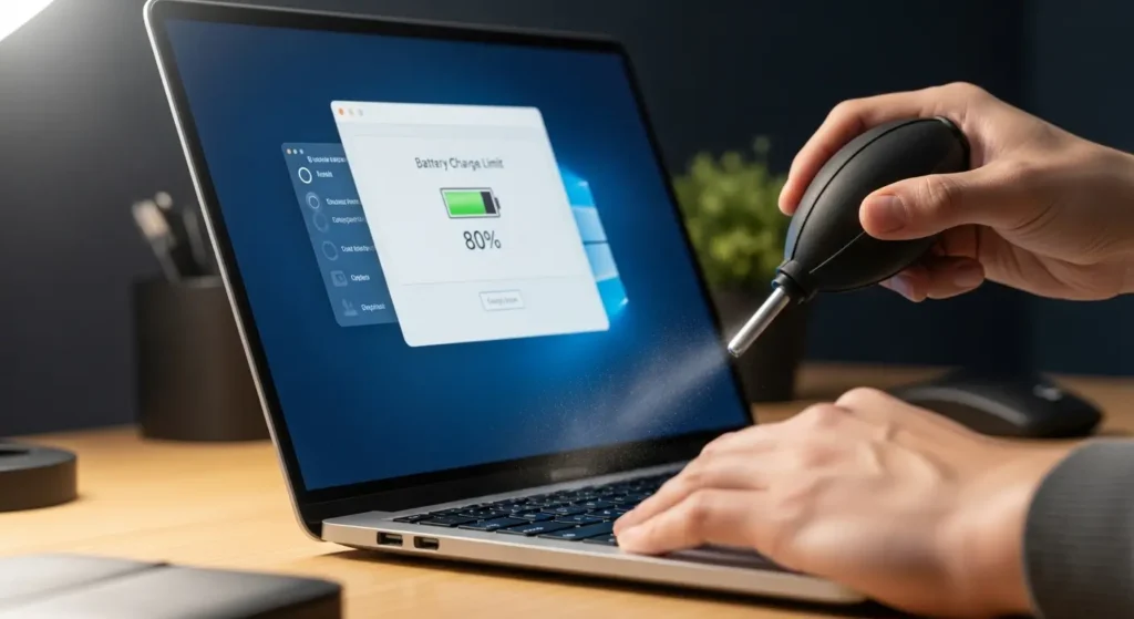 ノートパソコンの排気口の掃除とバッテリー管理ソフトの設定の様子