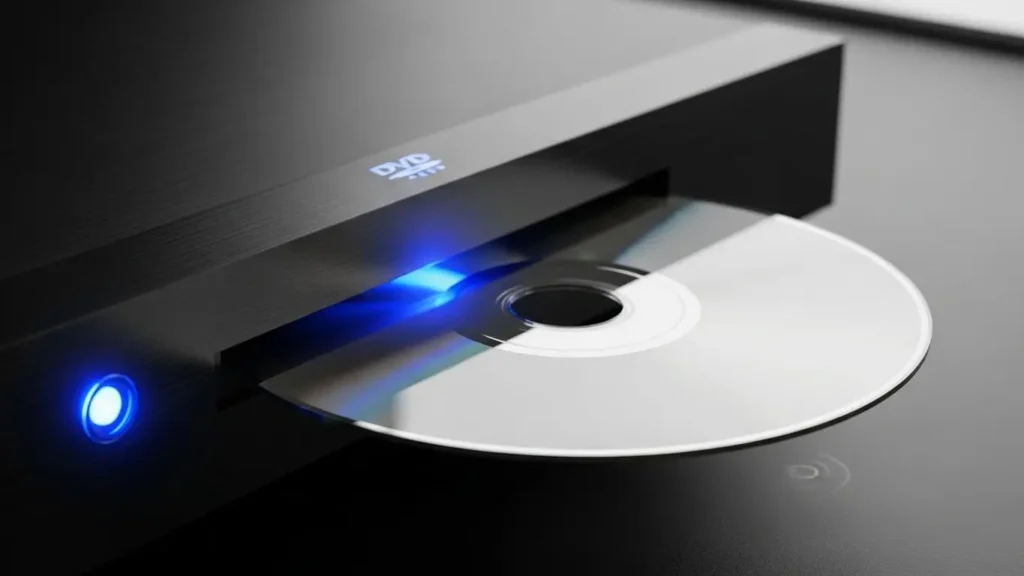 外付けDVDドライブにDVD-Rを挿入する様子