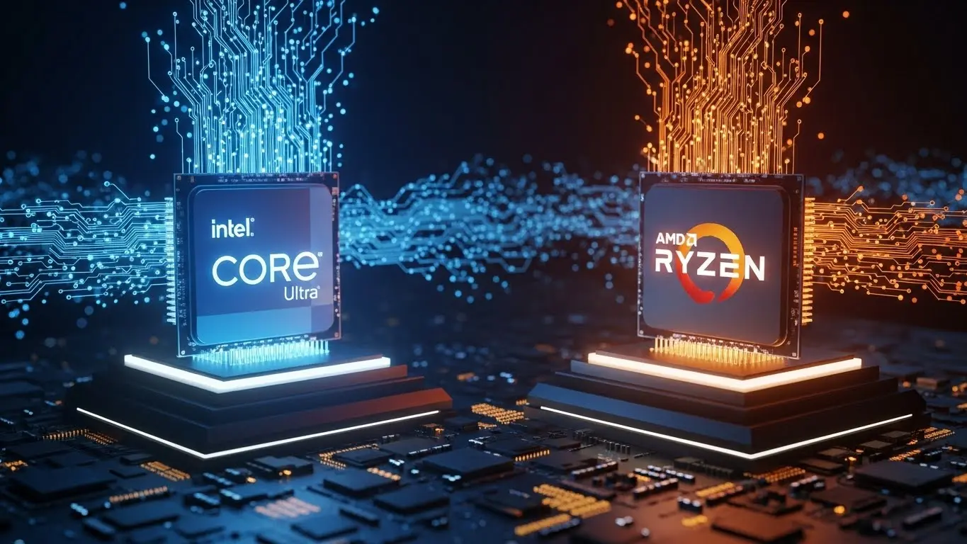 IntelとAMDのCPUを象徴するロゴと回路の比較イメージ