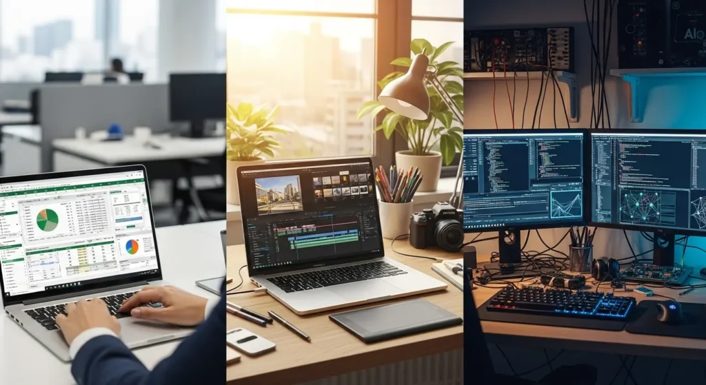 用途別（事務・デザイン・開発）の最適なパソコン環境のイメージ