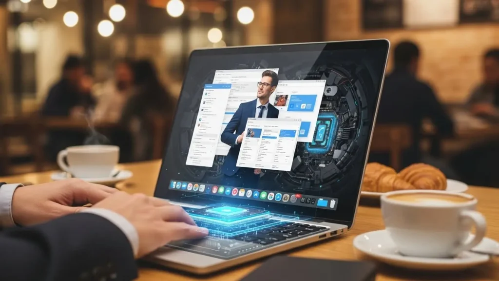 カフェで使われるノートパソコンと内部CPUのイメージ