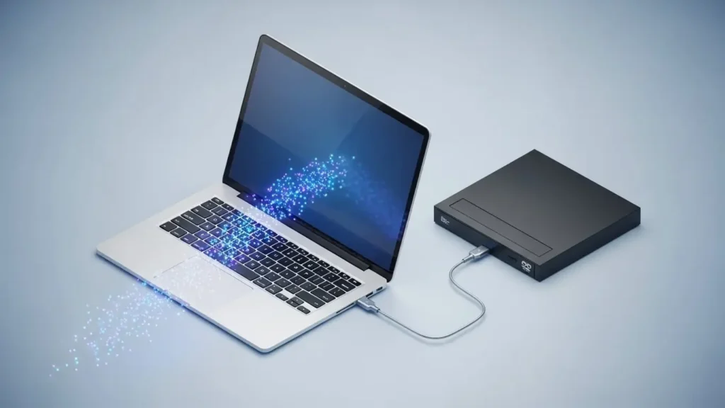 ノートパソコンからDVDドライブへのデータ転送イメージ