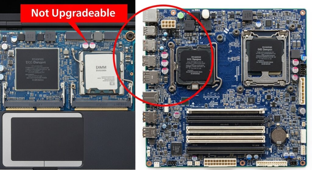 ノートPCのメモリ直付け（増設不可）に関する注意図